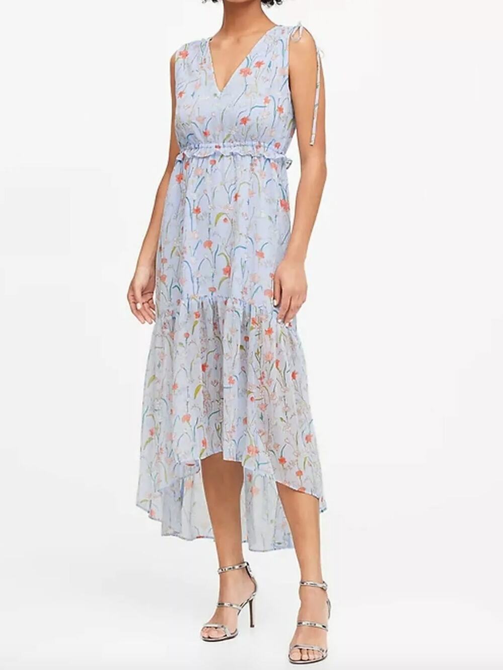 Banana Republic V-Neck Sleeveless Floral Ruched Midi Dress Size 2 High Low Hem